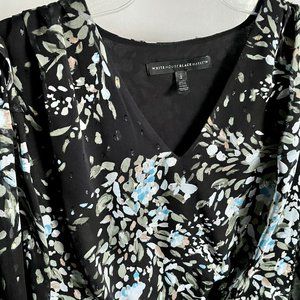 WHBM Floral Metallic Sheer Print Blouse Sz 2 Balloon Sleeve V Lined  Black/Blue